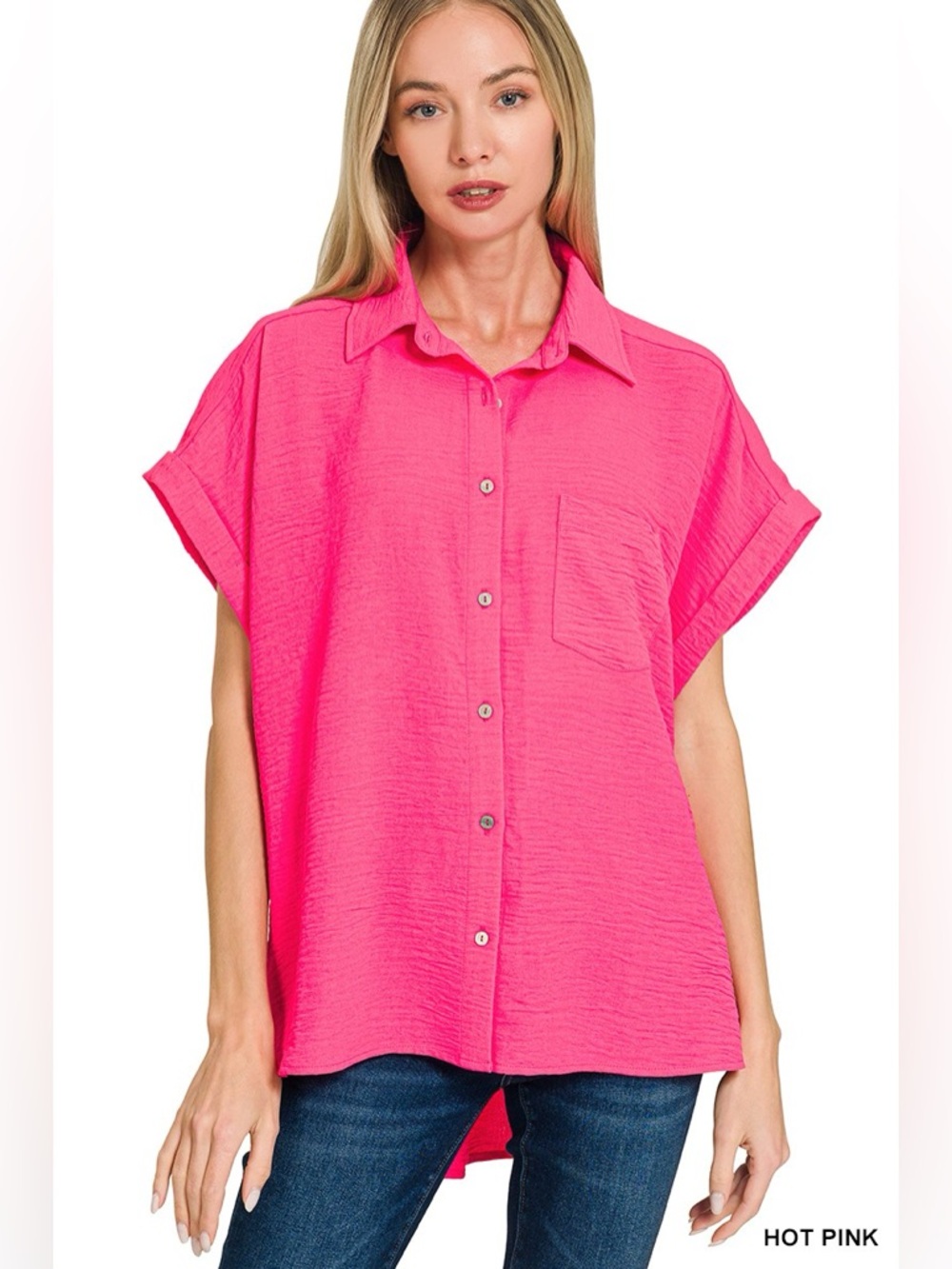 Zenana Airflow Button Down Shirt Hot Pink Lightweight Blouse S M XL🛍️